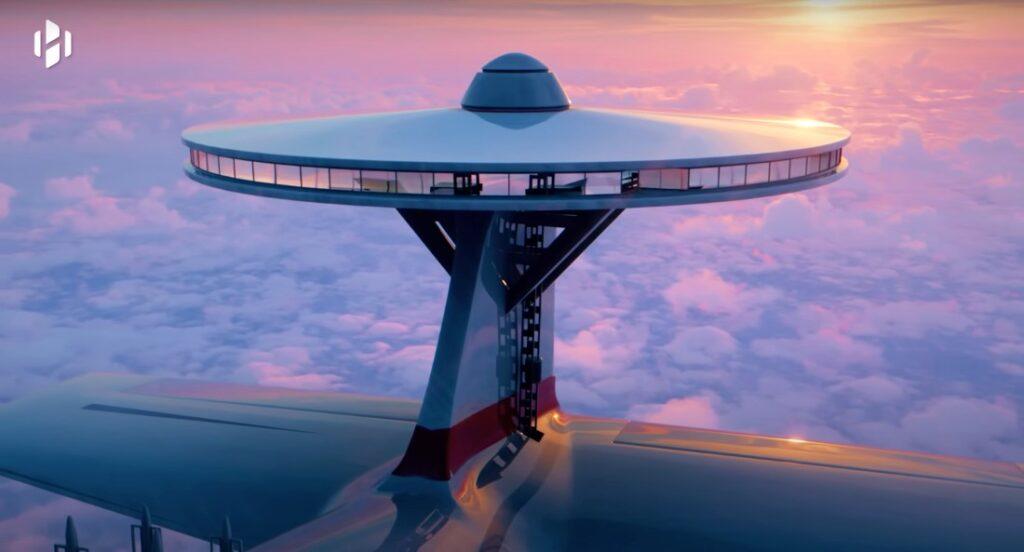 Salón con vistas 360 del hotel volador Sky Cruise