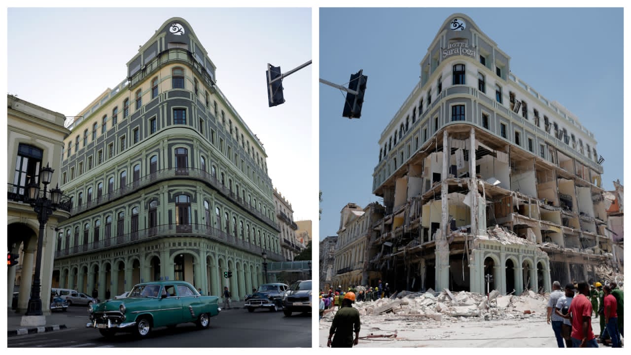 Hotel Saratoga antes y despues de la explosión