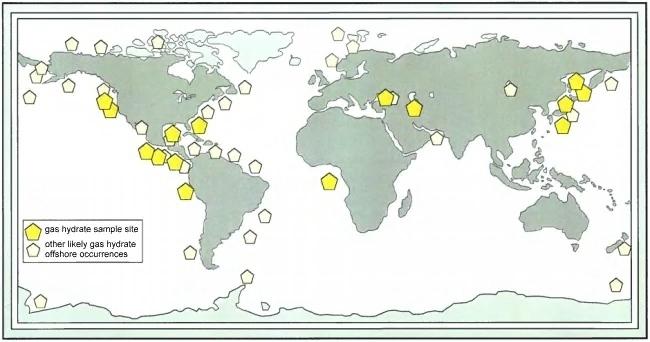 Distribución mundial de hidratos de gas 1996