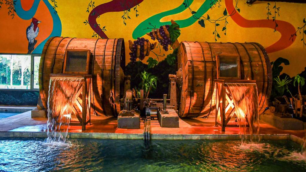 Área de piscina climatizada con murales y toneles - Momora Lodge