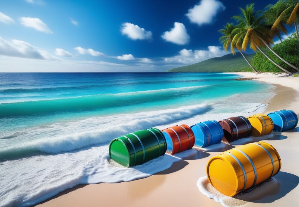 Barriles de petróleo en una playa