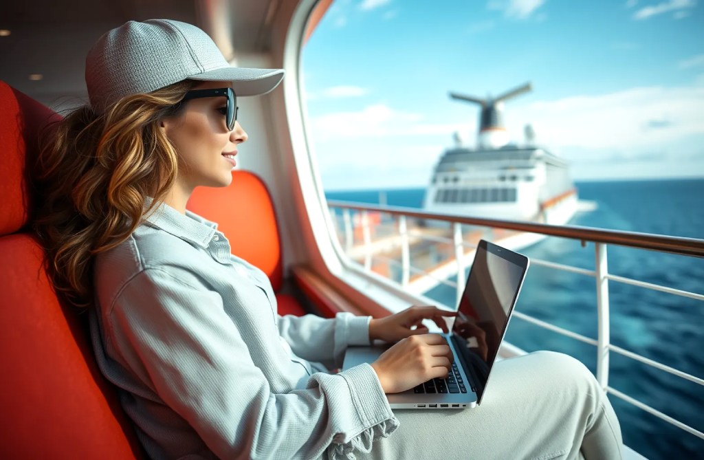 Mujer trabajando como nómada digital en un crucero hecha con inteligencia artificial